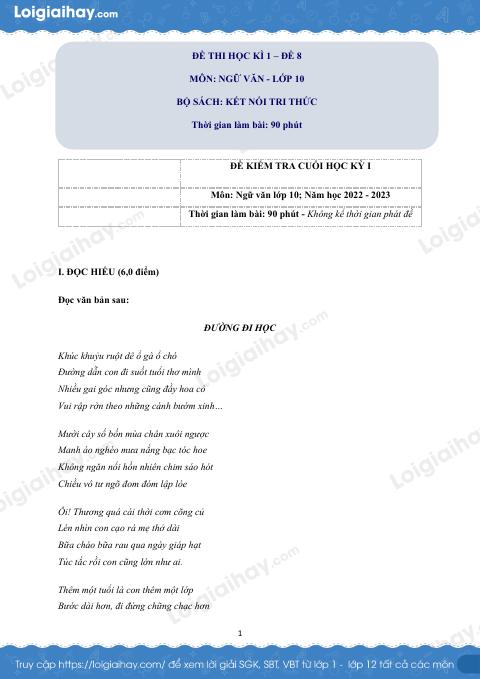 Đề thi học kì 1 Văn 10 Kết nối tri thức - Đề số 8
